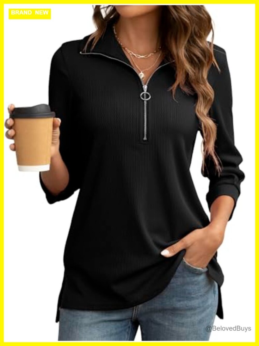 Womens 3/4 Sleeve Zip V Neck Polo Business Casual Blouse